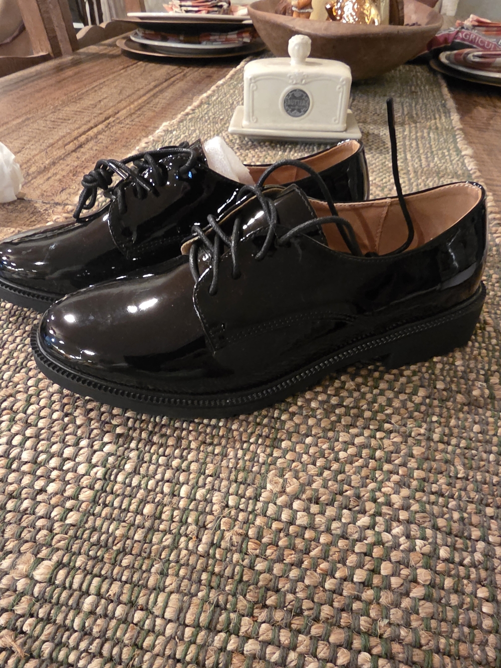 Black Patent Platform Oxford Shoes EU 38 US 7.5 Chunky Lug Sole Lace Up